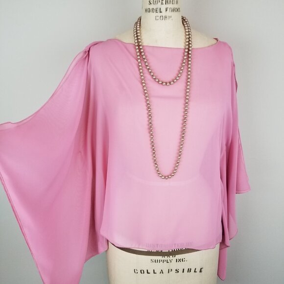 Pretty Rose Pink Sheer Chiffon Batwing Blouse with Open Sleeve Detail * One Size - Picture 1 of 9